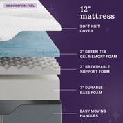 Marley 12" Medium Firm Green Tea Gel Memory Foam Mattress