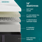 Shiloh 14" Medium Green Tea Memory Foam Mattress